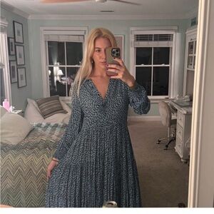 Zara Blue Printed V-Neck Long Sleeve Maxi Dress